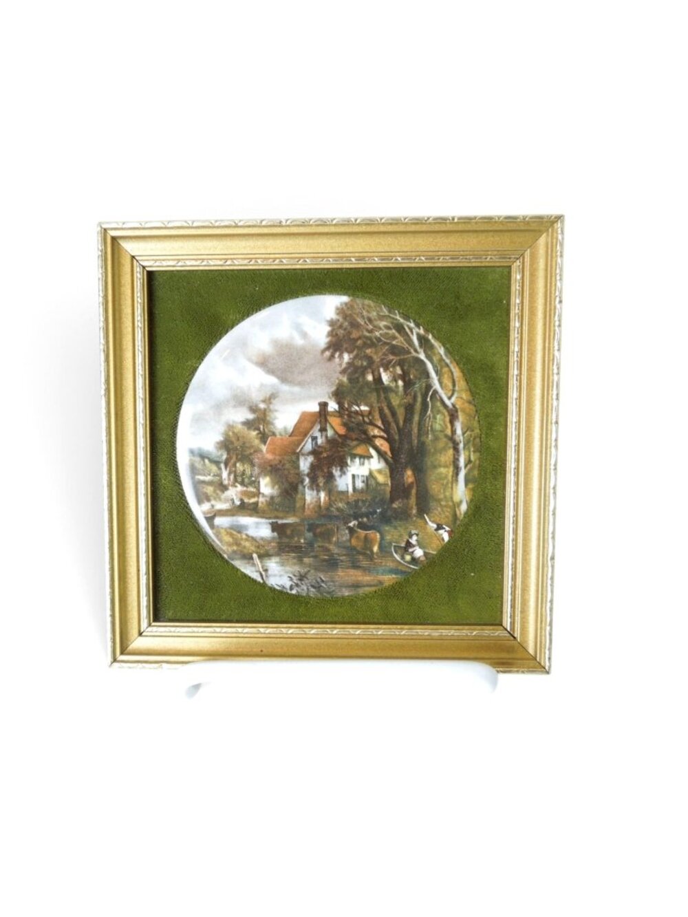 Vintage Healacraft England Framed Ceramic Landscape Plaque Velvet Decor 5"